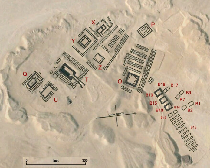 Map overlay of Peqer necropolis at Umm el-Qa'ab near Abydos in Egypt. The tombs of pharaohs are marked with letters. Tomb of Iry-Hor (B1-B2) Tomb of King Ka (B7-B9)