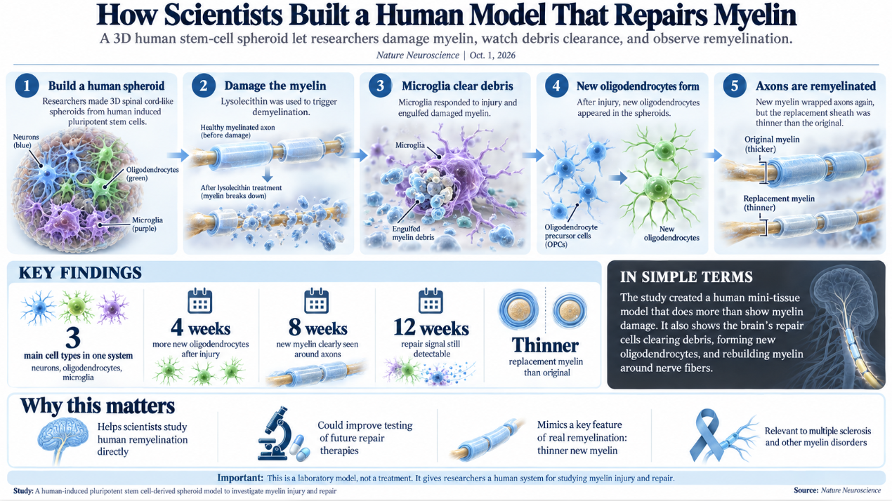 Landscape infographic showing how researchers created a 3D human stem-cell model, damaged its myelin, observed microglia clearing debris, watched new oligodendrocytes form, and saw axons become remyelinated with thinner replacement myelin.