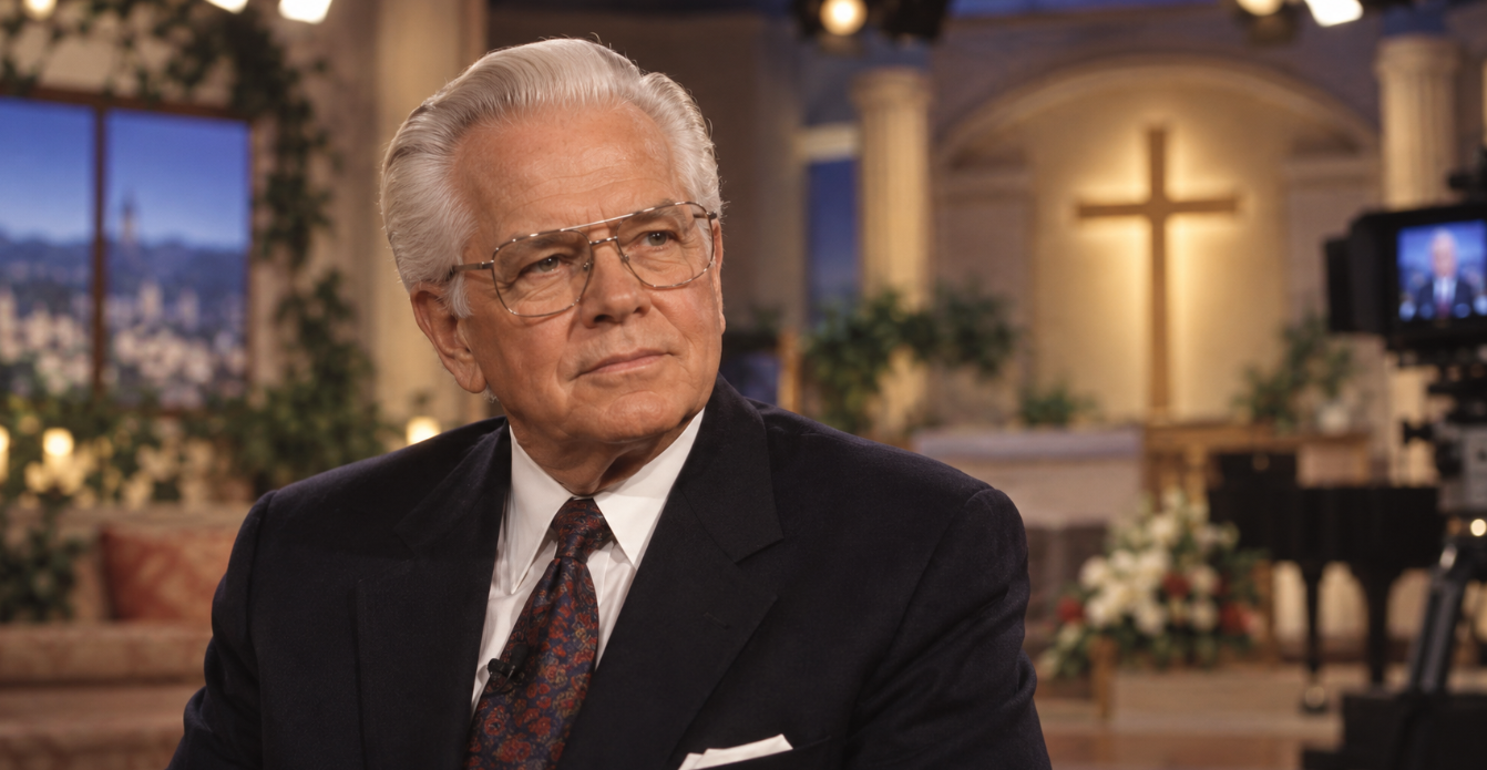 Televangelist Jim Bakker portrayed in a television ministry studio with a softly lit cross and broadcast equipment in the background.