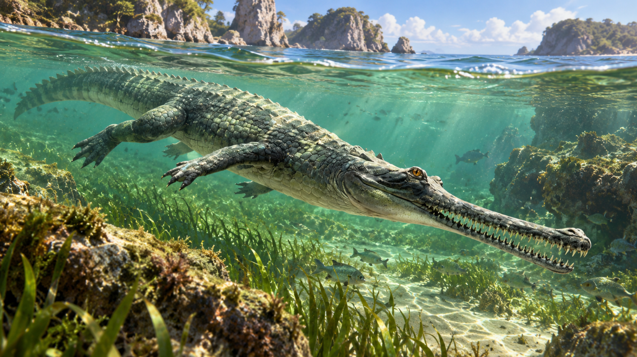 Realistic illustration of Herugavialis cairensis, a prehistoric long-snouted crocodile, swimming through clear turquoise coastal waters 45 million years ago.