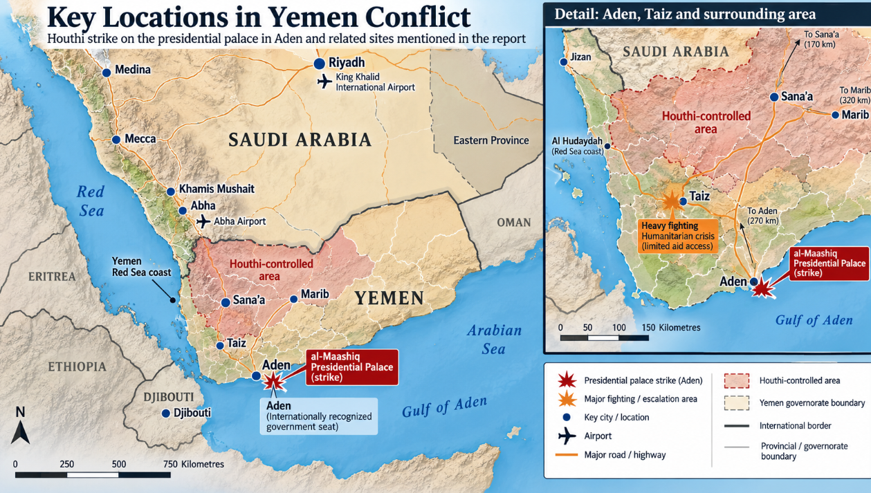 Houthi Missile Strike Hits Presidential Palace in Yemen, Killing at Least Two