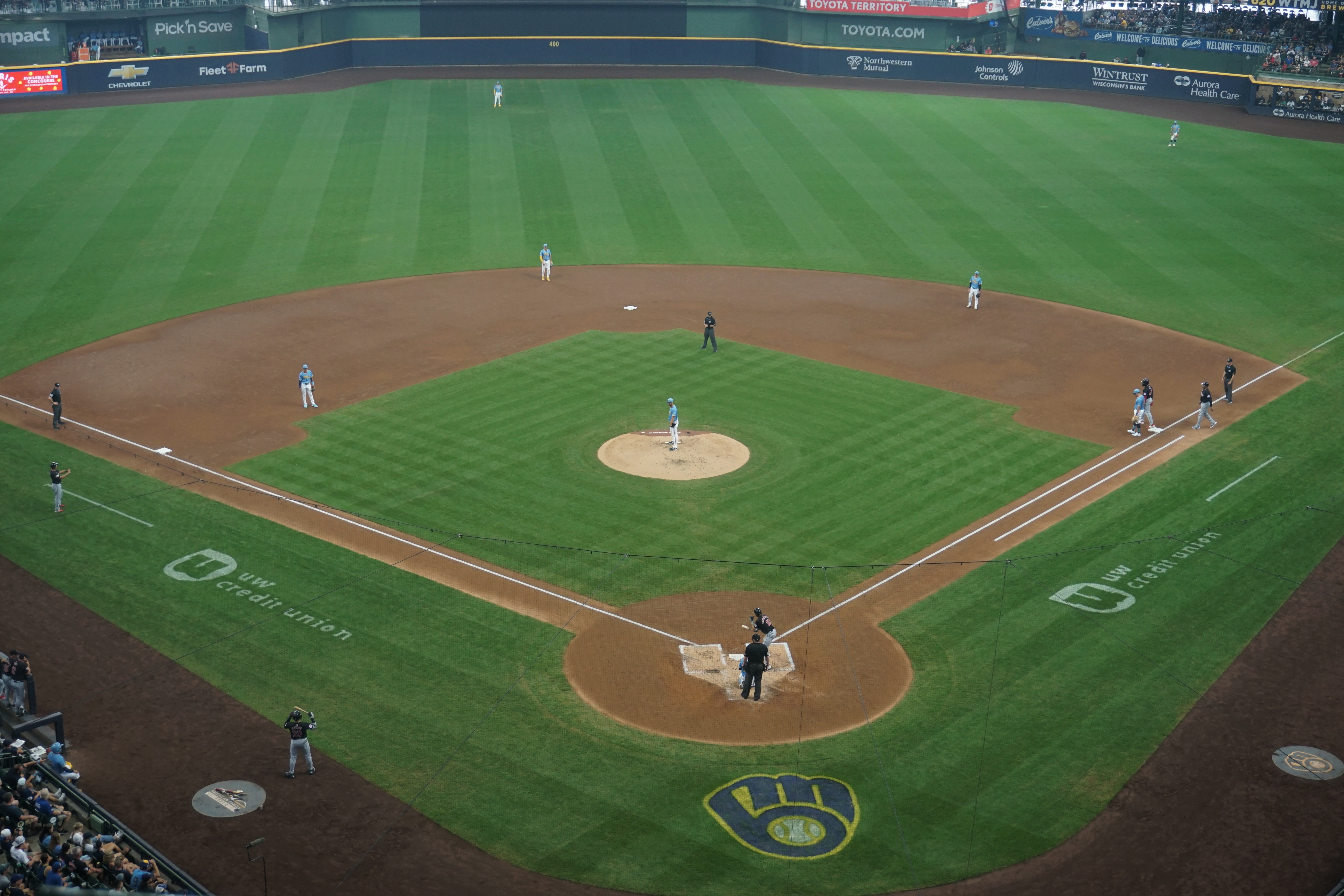In-game action during the Cleveland Guardians vs. Milwaukee Brewers game at American Family Field in Milwaukee, Wisconsin (United States). Milwaukee won 2–0.